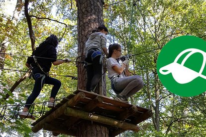 Foto von Jugendlichen in einem Hochseilgarten und dem Logo junge vhs